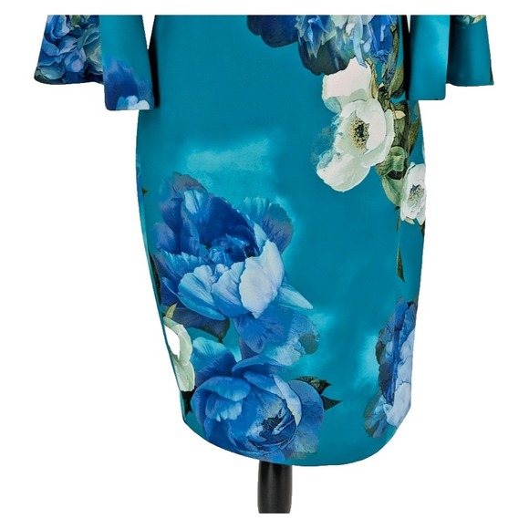 CALVIN KLEIN Midi Dress SIZE 8 Turquoise Blue White Bold Floral Easter GREAT - Picture 6 of 13